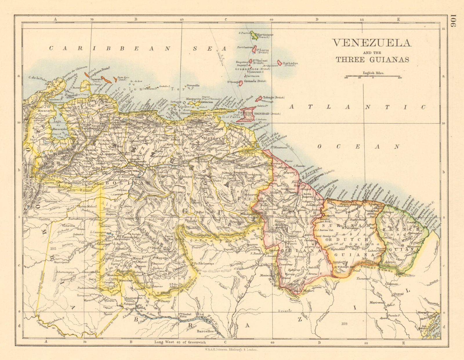 VENEZUELA / GUIANAS Suriname British French Dutch Guyana JOHNSTON 1892 old map
