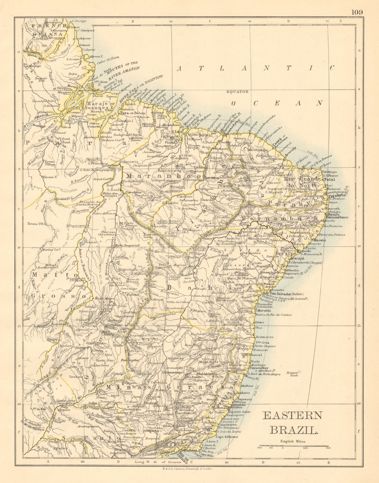 EASTERN BRAZIL Bahia Minas Gerais Pernambuco Marabhao JOHNSTON 1892 old map