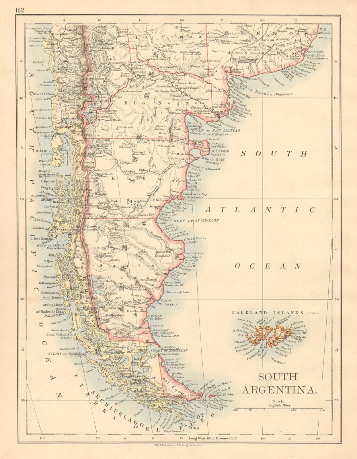 Associate Product PATAGONIA Southern Argentina & Chile Falkland Islands JOHNSTON 1892 old map