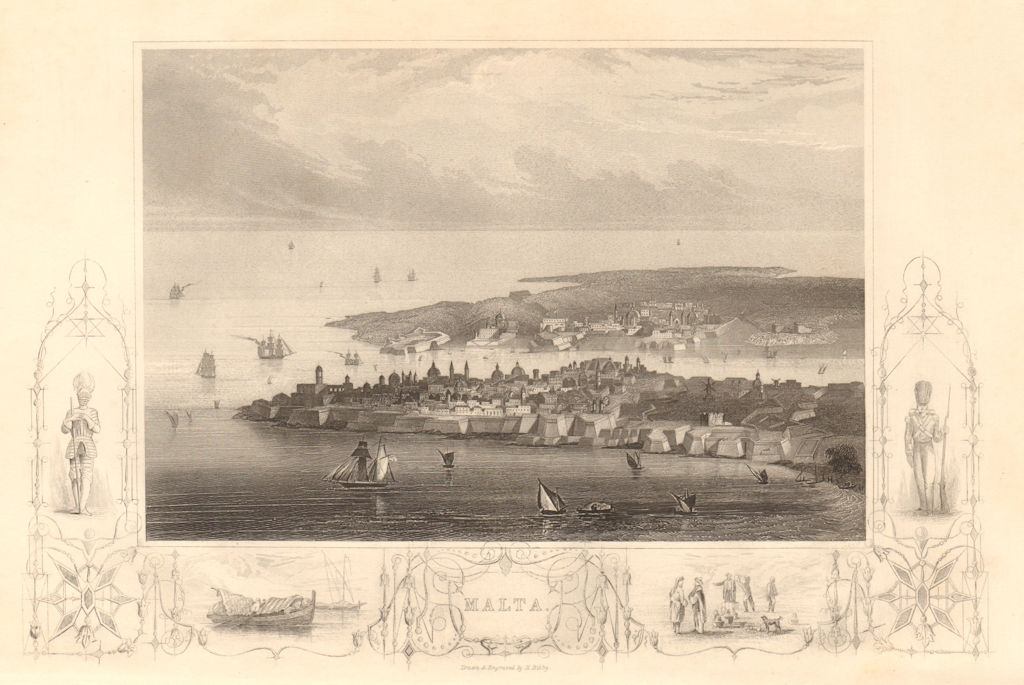 View of Valetta, Malta 1860 old antique vintage print picture