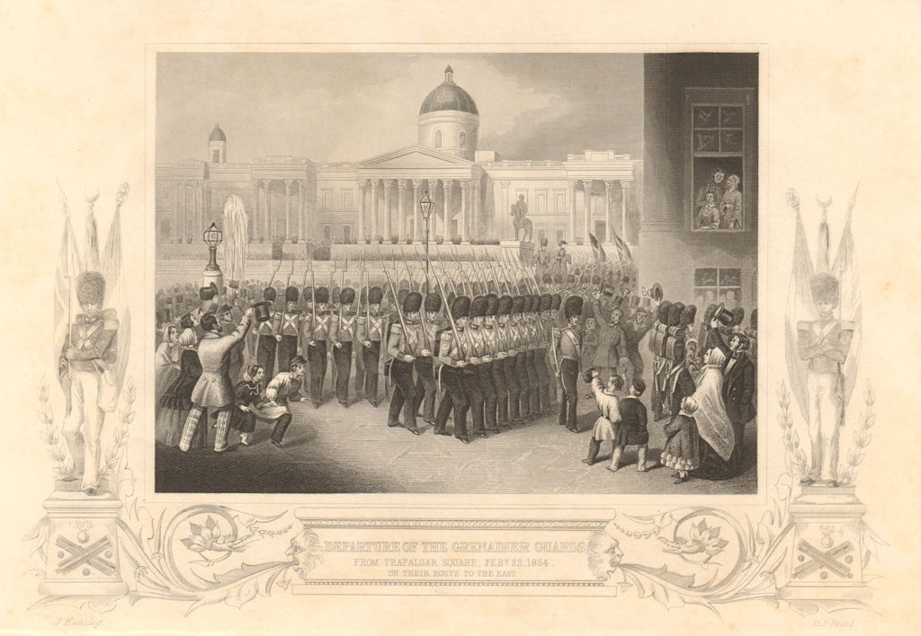 CRIMEAN WAR. Grenadier guards marching from Trafalgar Square 1854. London 1860