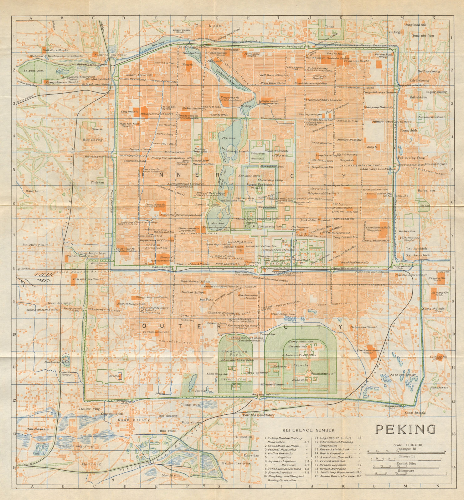 'Peking'. Beijing antique town city plan. China 1924 old map chart