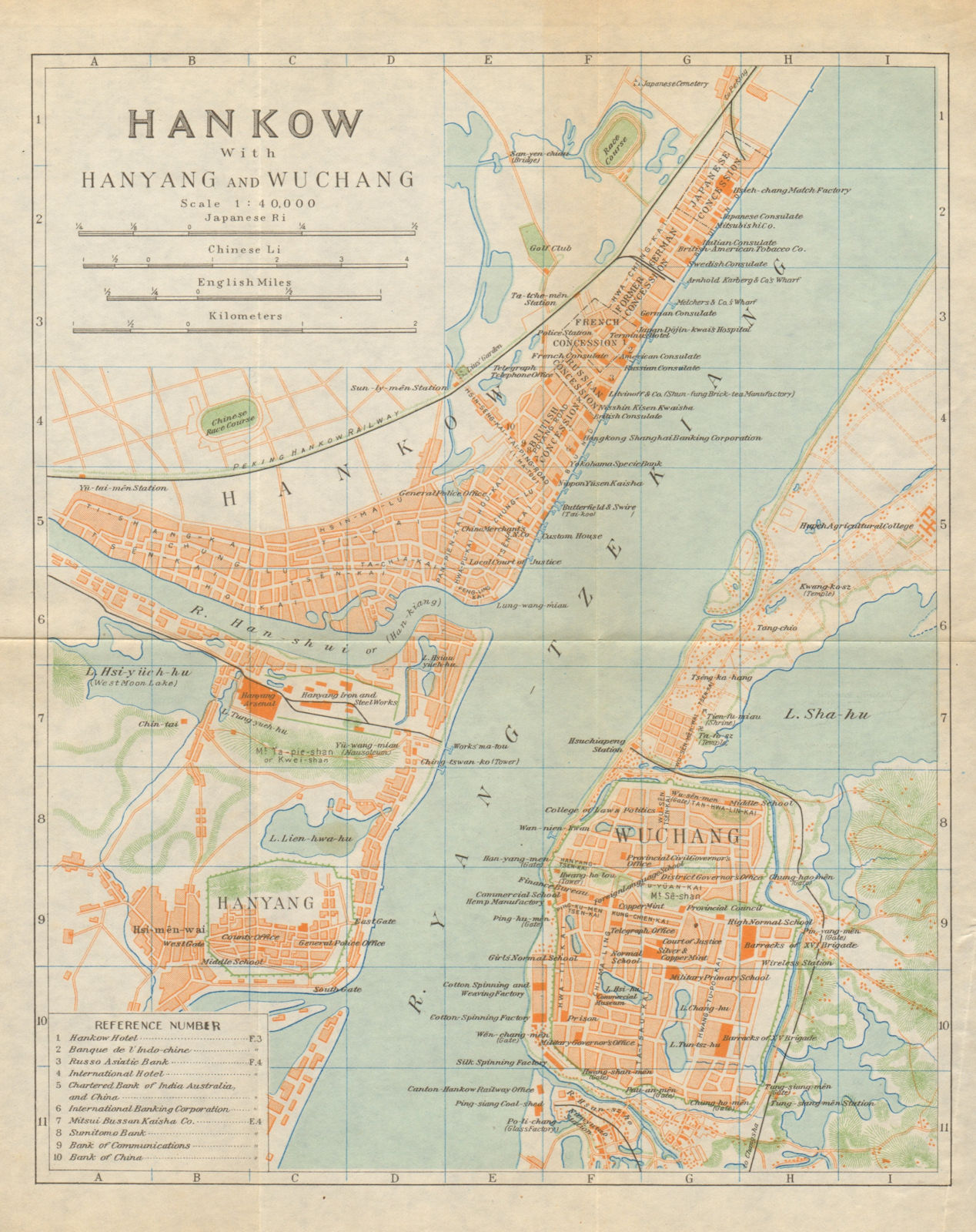 'Hankow with Hanyang & Wuchang'. Hankou. Wuhan antique town city plan 1924 map