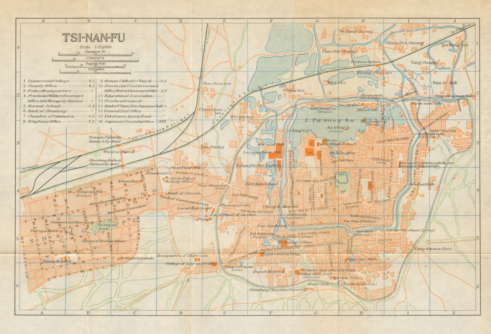 ''Tsi-nan-fu'. Jinan antique town city plan. China 1924 old map chart