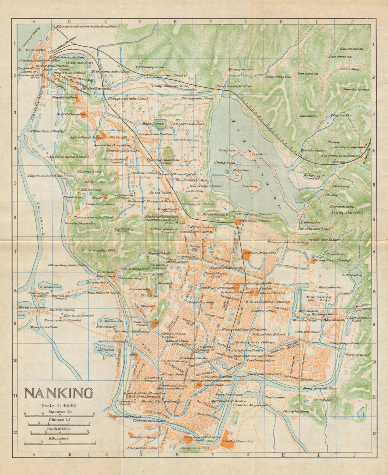 'Nanking'. Nanjing antique town city plan. China 1924 old map chart