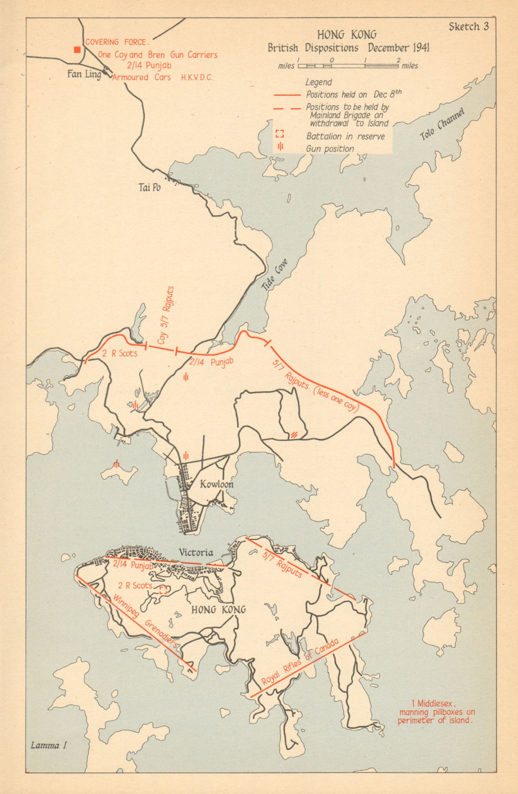 Hong Kong, British Dispositions, December 1941 1957 old vintage map plan chart