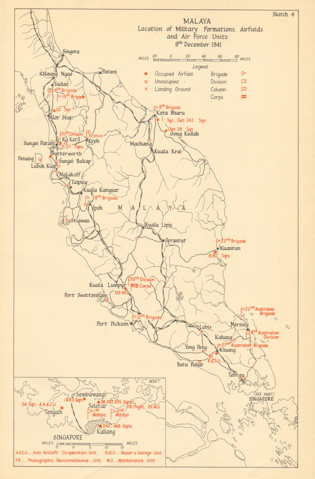 Malaya & Singapore. Military deployment & airfields, 8th December 1941 1957 map