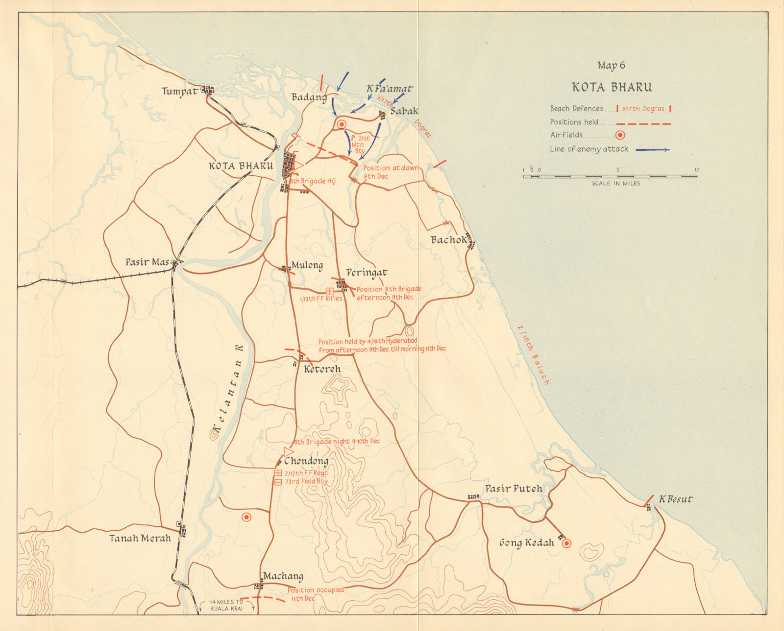 Japanese invasion of Malaya. Kota Bharu. 8 December 1941. Malaysia 1957 map