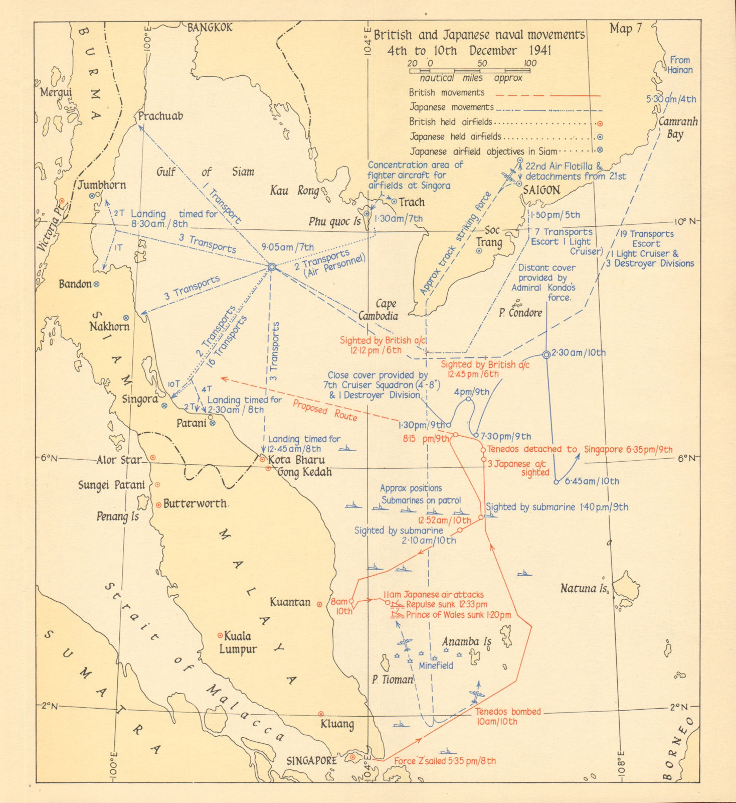 Naval Battle of Malaya 4-10 December 1941. British & Japanese movements 1957 map