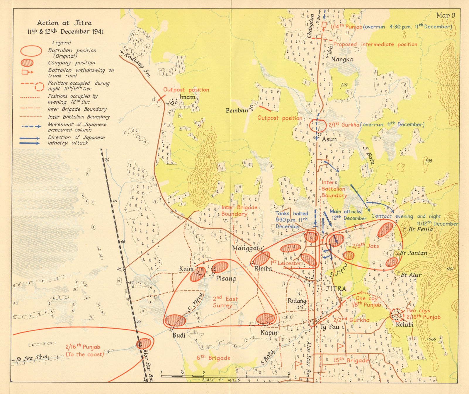 Battle of Jitra, 11-12 December 1941. Japanese invasion of Malaya 1957 old map