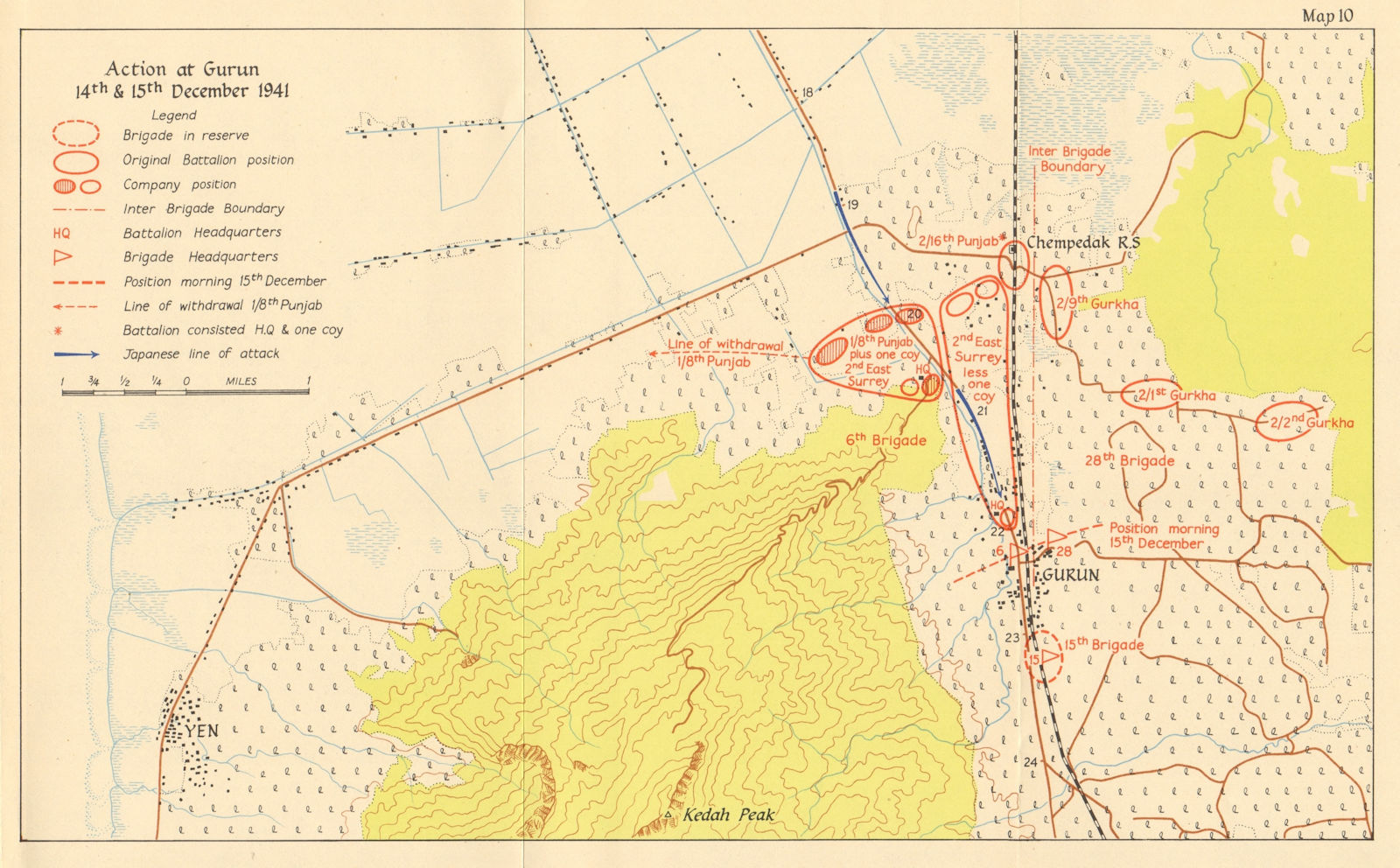 Battle of Gurun, 14-15 December 1941. Japanese invasion of Malaya 1957 old map