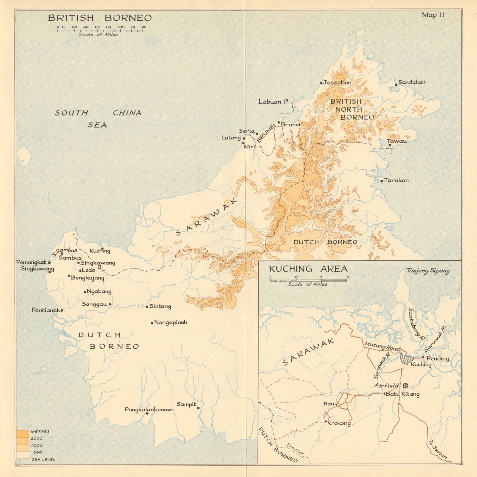 British Borneo 1941. Sarawak Brunei. Kuching area 1957 old vintage map chart