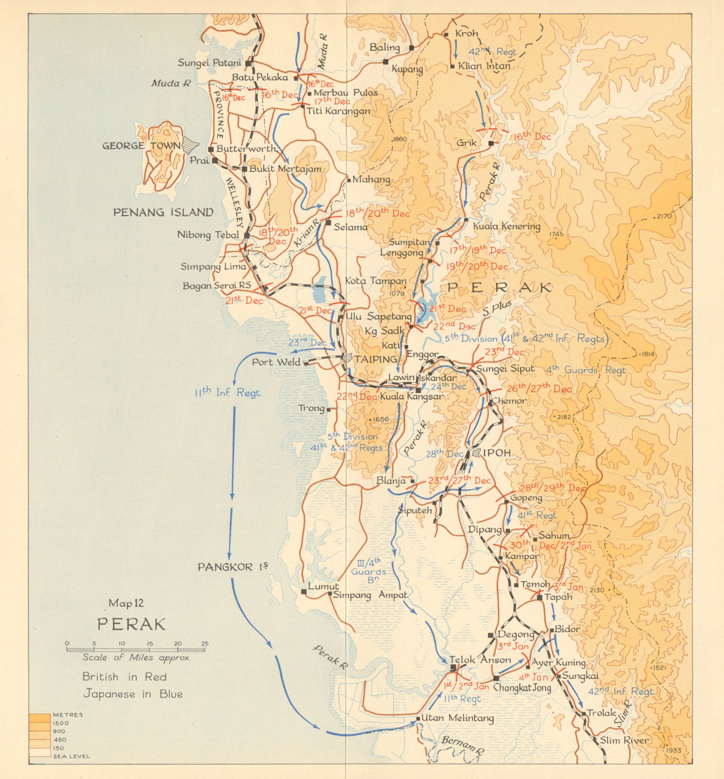 Perak. Japanese invasion of Malaya 1941. Malaysia 1957 old vintage map chart