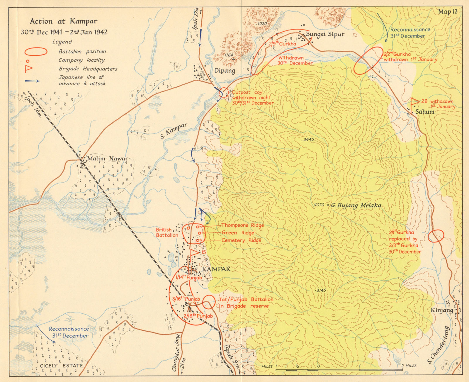 Battle of Kampar, 30 Dec 1941-2 Jan 1942. Japanese invasion of Malaya 1957 map