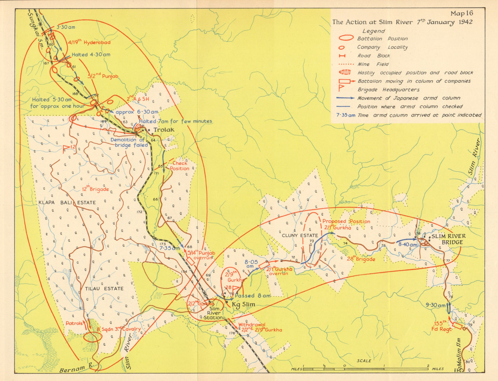 Battle of Slim River, 7th January 1942. Japanese invasion of Malaya 1957 map
