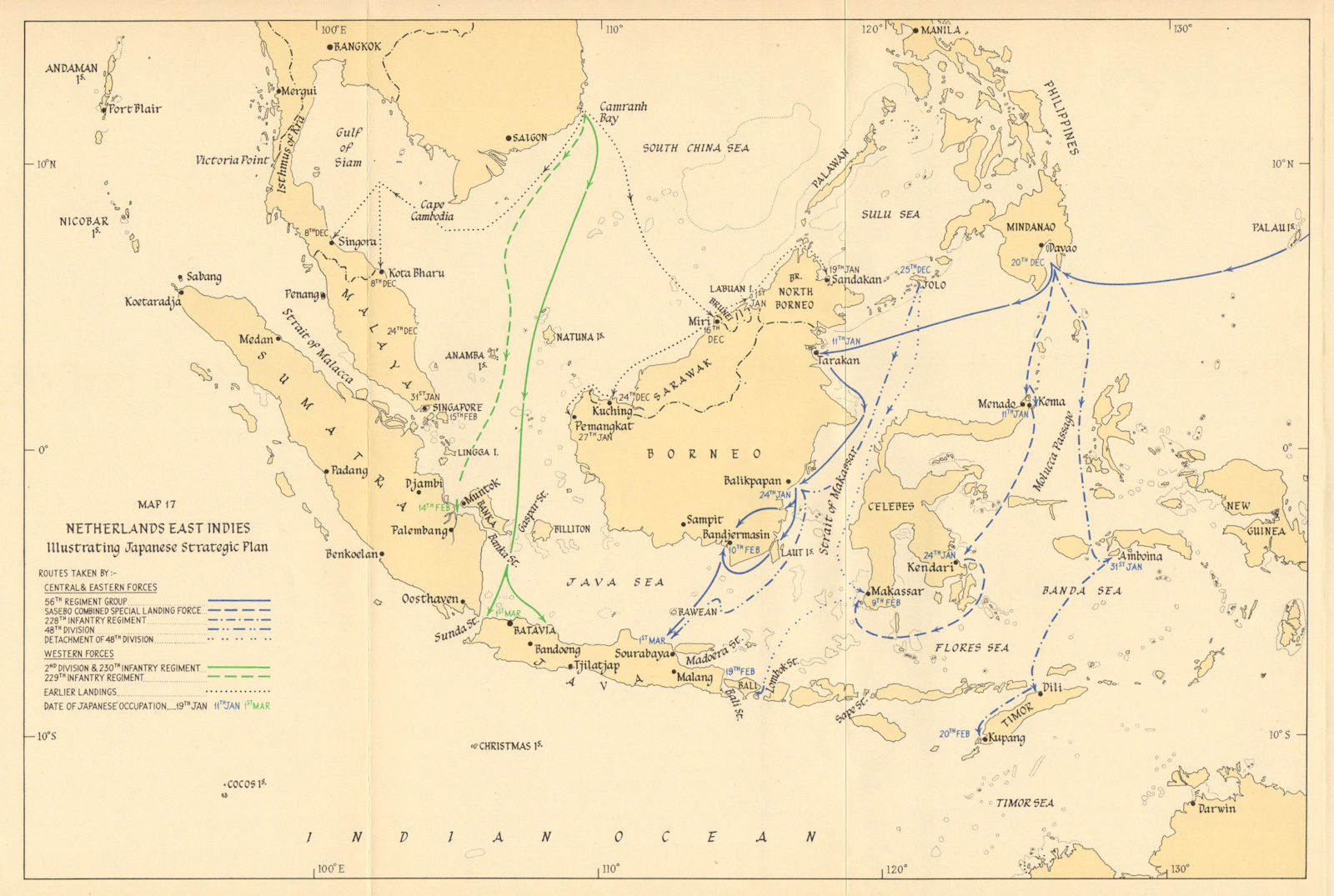 Japanese invasion of Dutch East Indies. Strategic Plan 1942. Indonesia 1957 map
