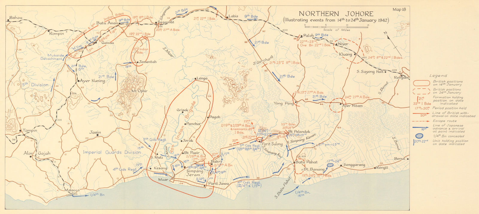 Northern Johore. Japanese invasion of Malaya. 14th to 24th January 1942 1957 map