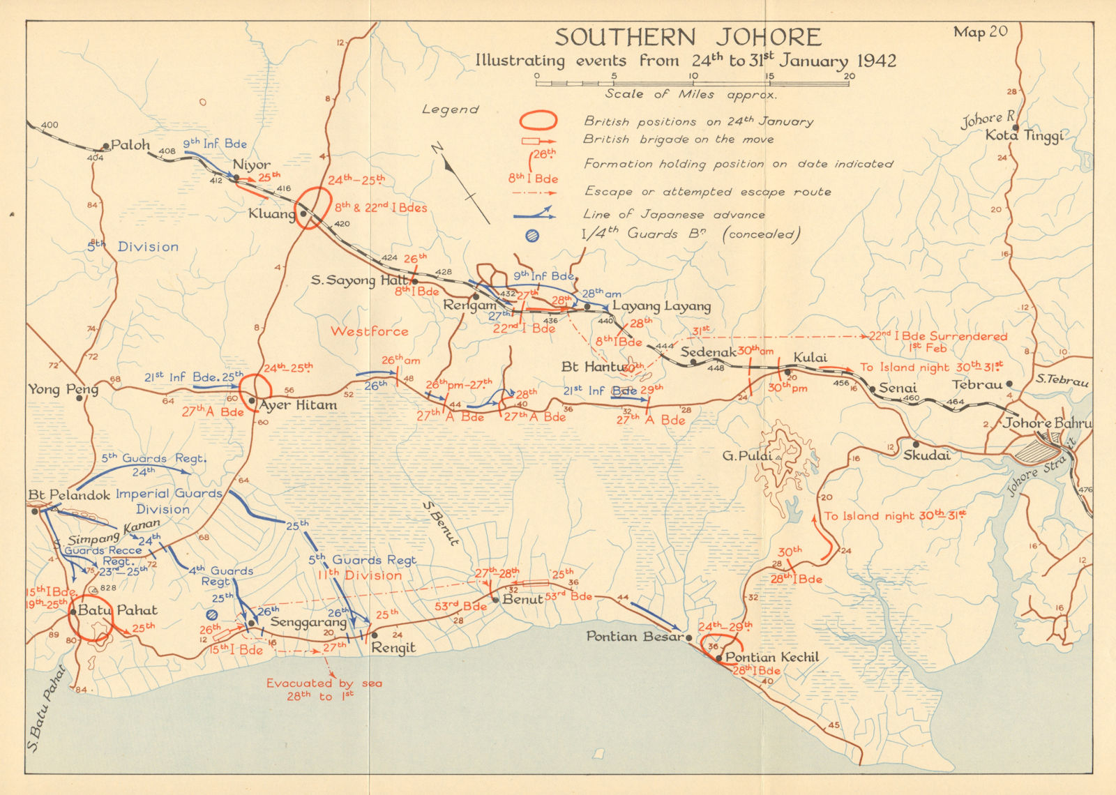 Southern Johore. Japanese invasion of Malaya. 24th-31st January 1942 1957 map