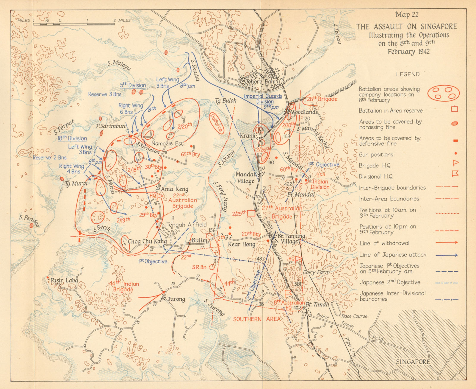 The Japanese assault on Singapore. 8th & 9th February 1942 1957 old map