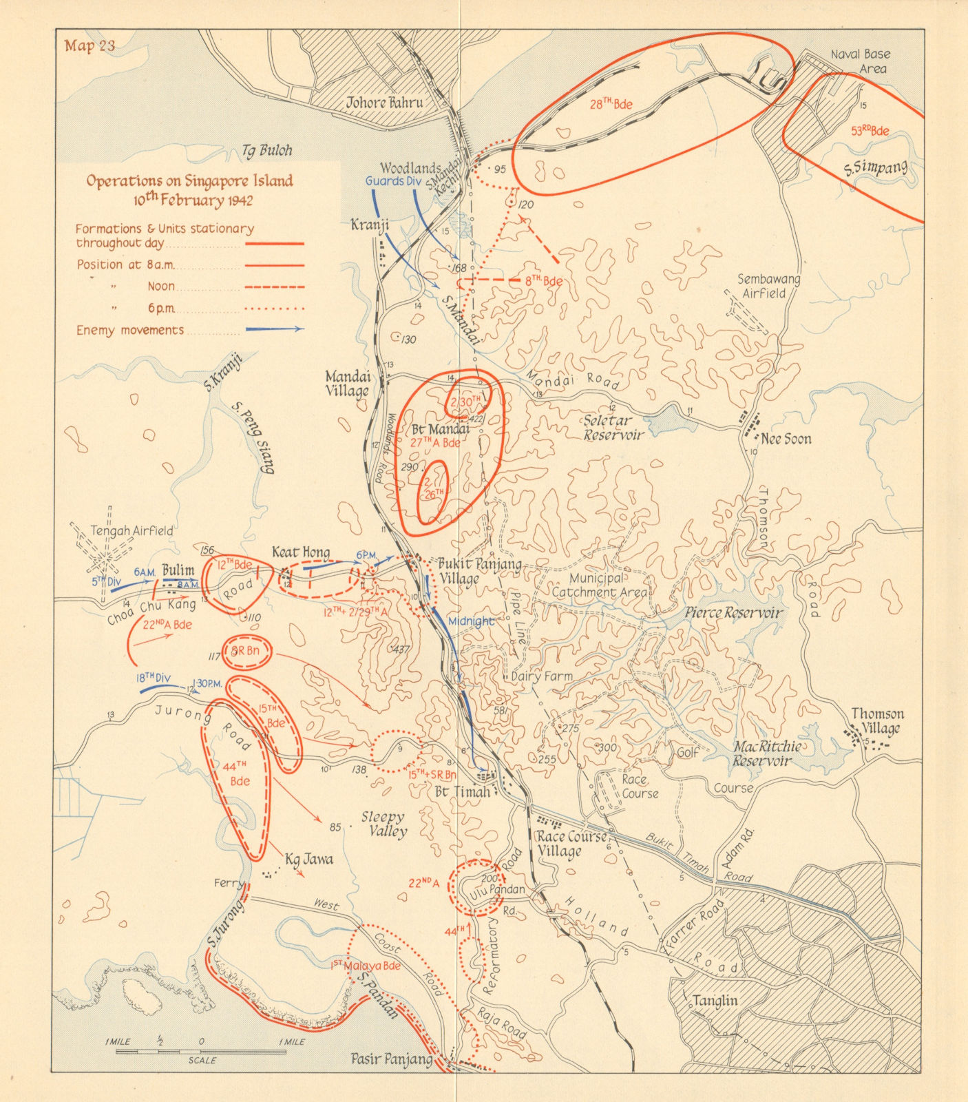 Japanese assault on Singapore Island, 10th February 1942 1957 old vintage map