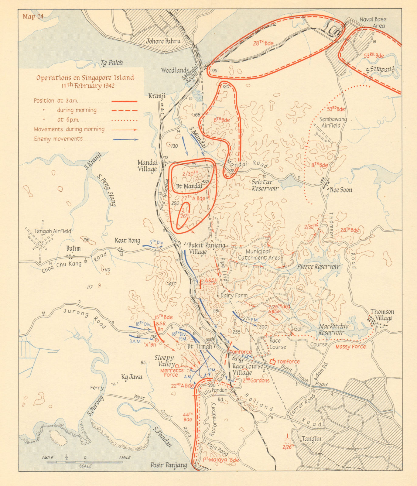 Japanese assault on Singapore Island, 11th February 1942 1957 old vintage map