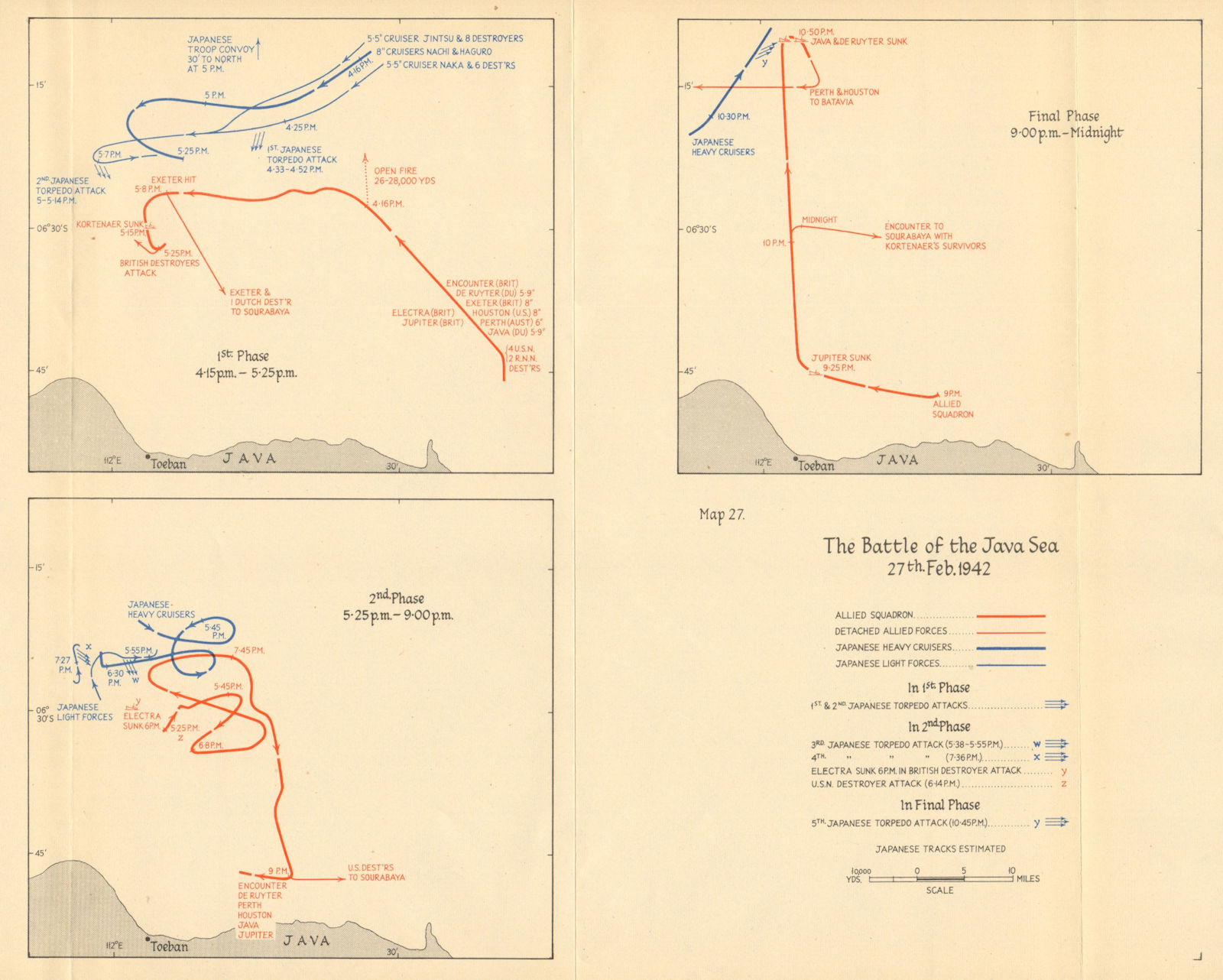 Battle of the Java Sea, 27th February 1942. Allied Japanese movements 1957 map