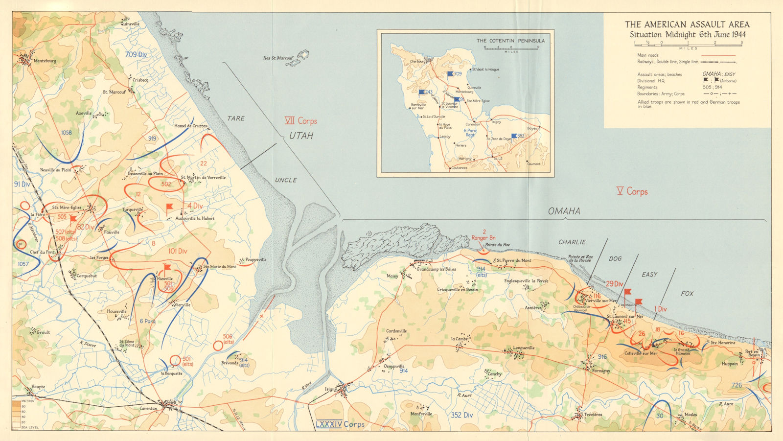D-Day American assault area midnight 6 June 1944 Ohama Utah beaches 1962 map