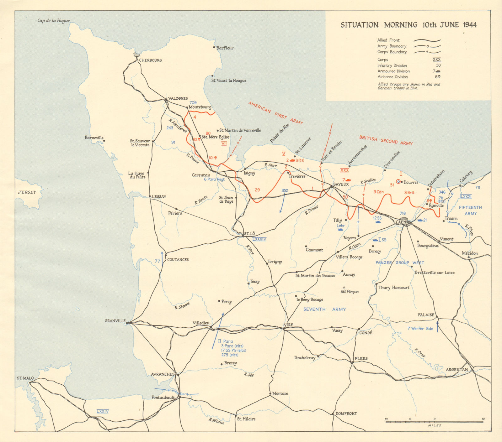 D-Day Normandy landings. Situation morning 10th June 1944. Overlord 1962 map