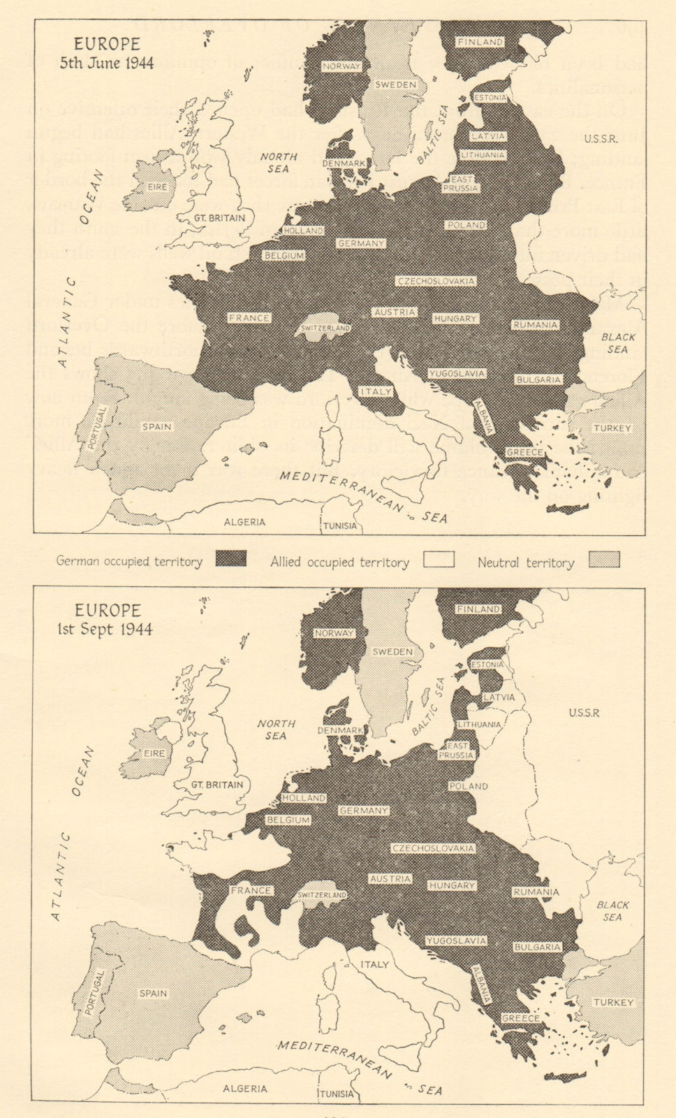 World War Two Allied gains Europe June-Sept 1944 Western/Eastern Fronts 1962 map
