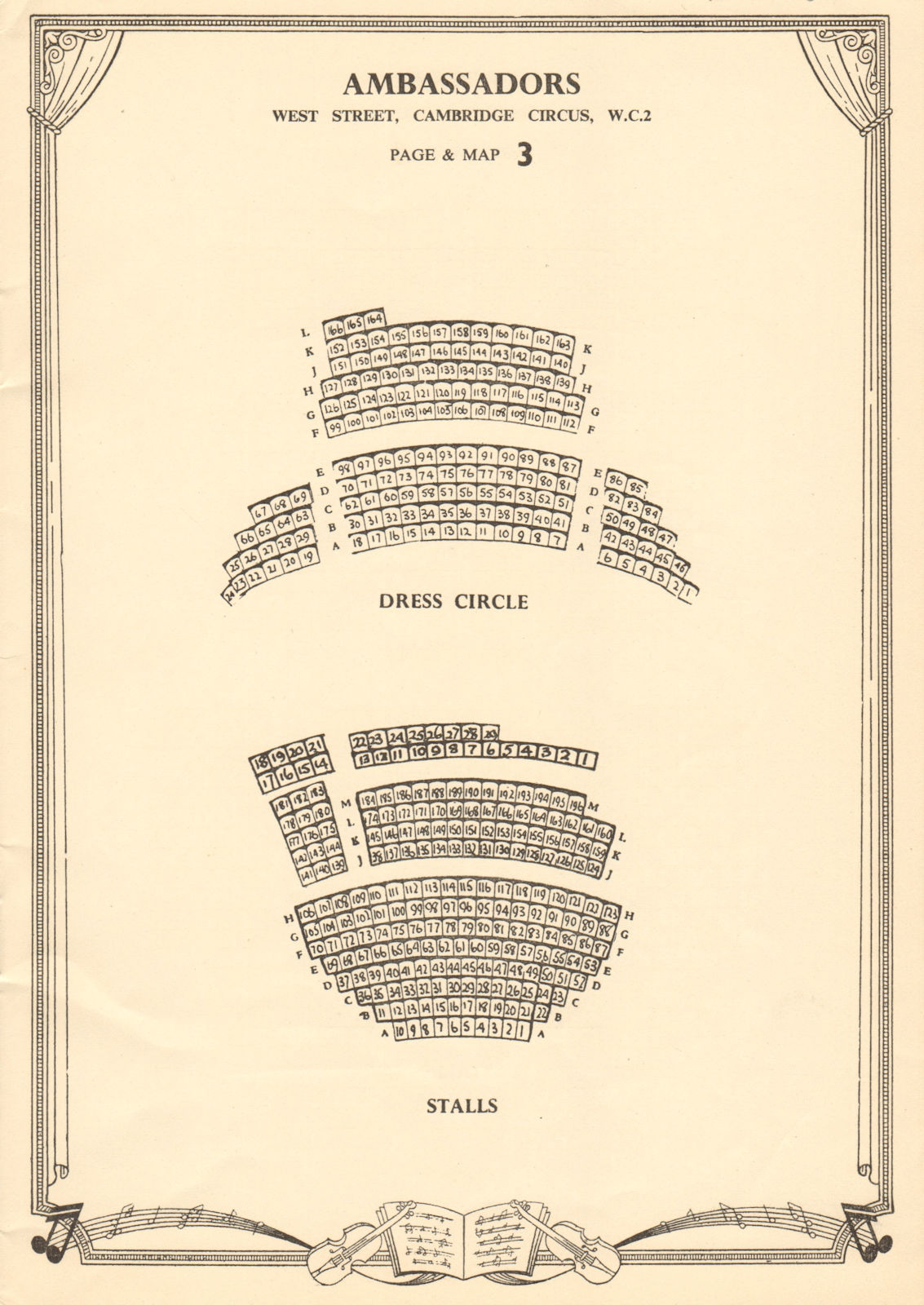 Ambassadors Theatre, Charing Cross Road, London. Vintage seating plan c1955