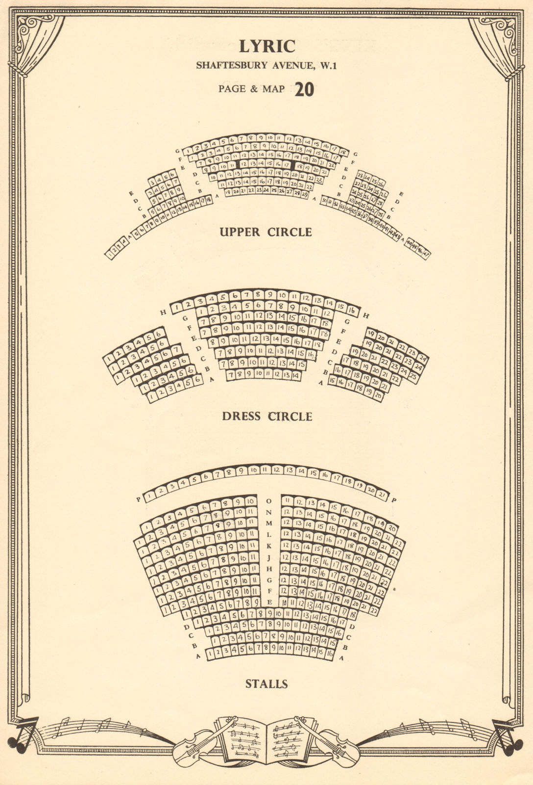 Associate Product Lyric Theatre, Shaftesbury Avenue, London. Vintage seating plan c1955 print