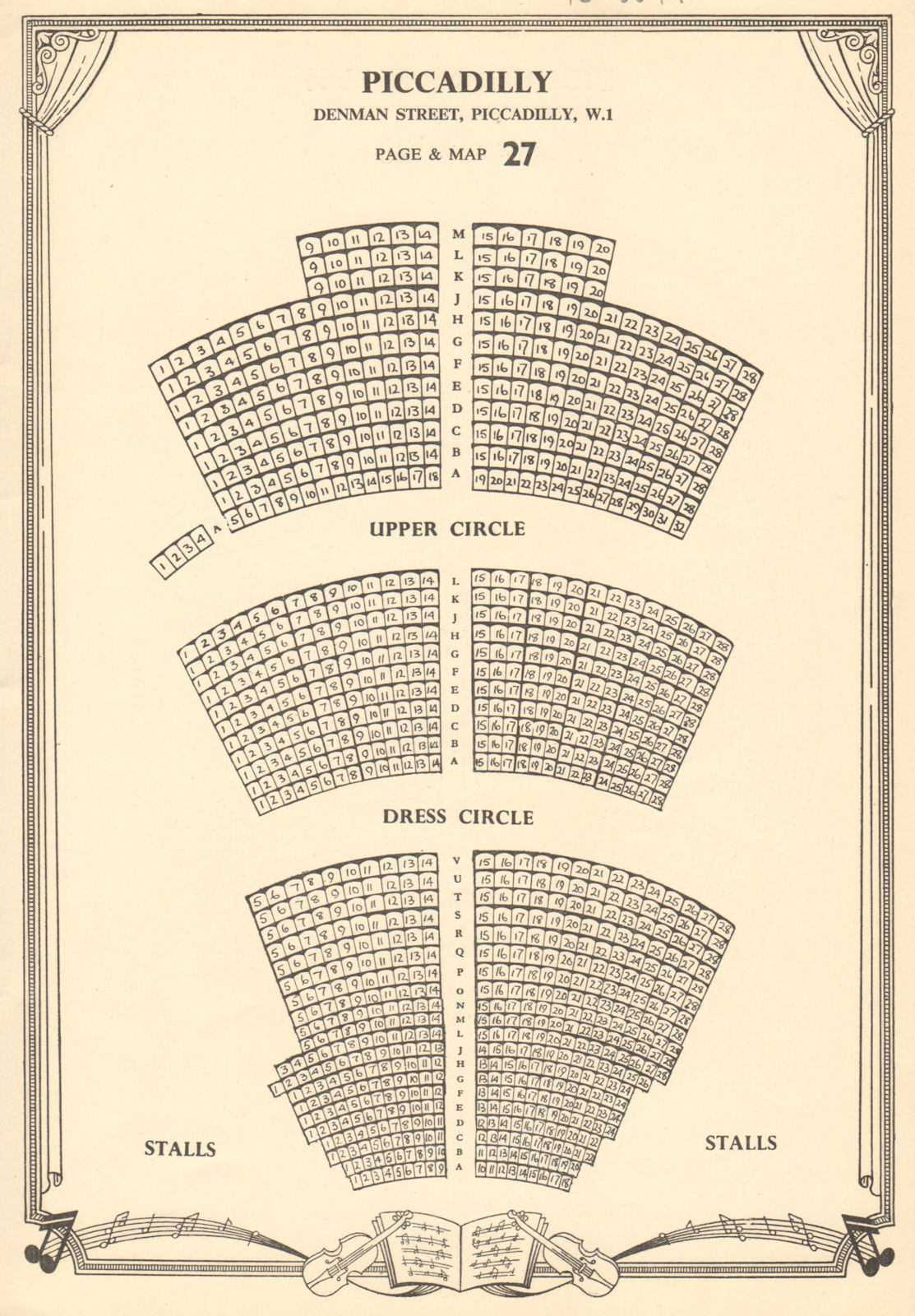 Piccadilly Theatre, Denman St, Picc. Circus, London. Vintage seating plan c1955