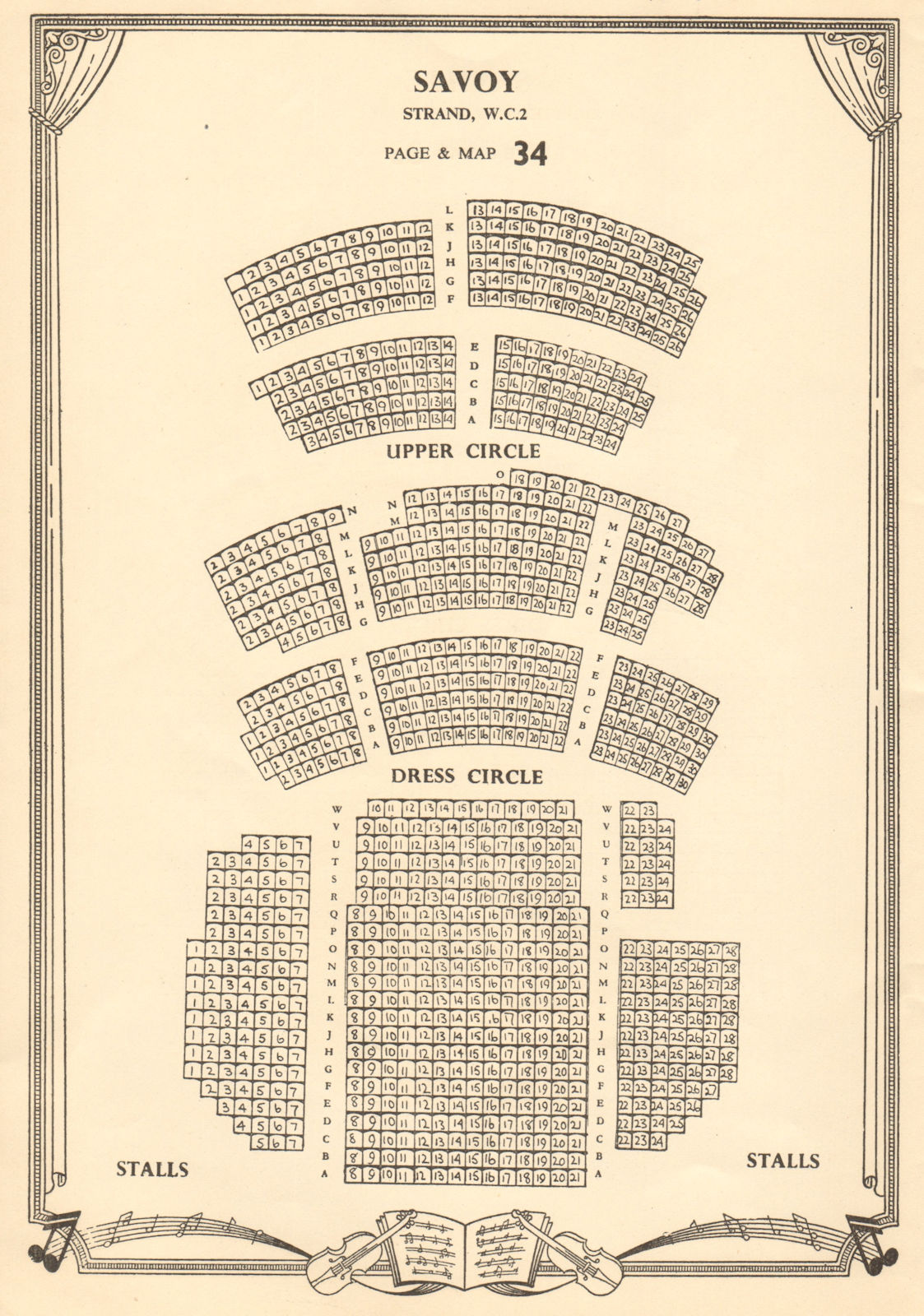 Savoy Theatre, Strand, London. Vintage seating plan c1955 old vintage print