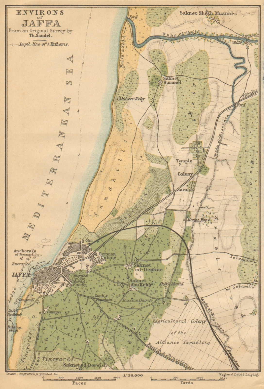 Tel Aviv-Yafo environs antique town city plan. Mount Hope Jaffa. Israel 1912 map