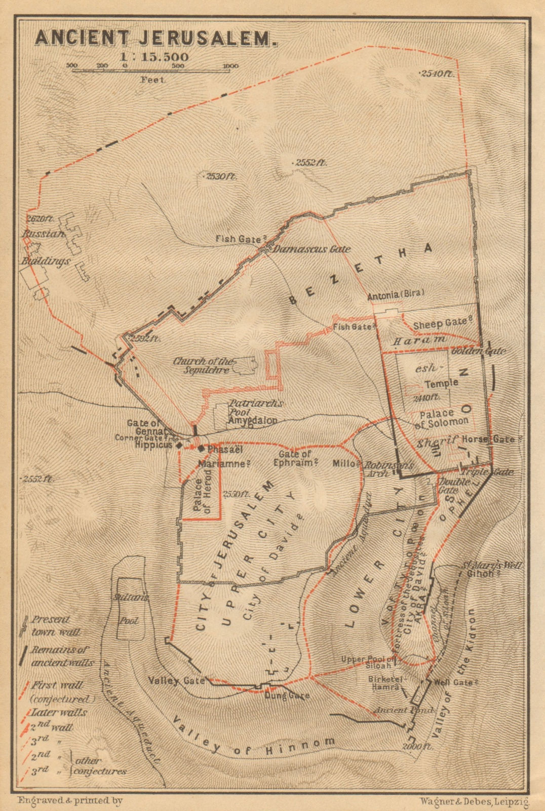 Ancient Jerusalem antique town city plan. Israel 1912 old map chart