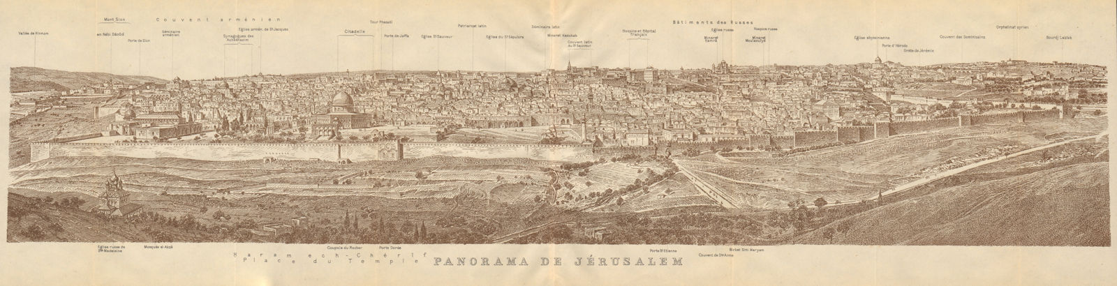 Panorama of Jerusalem from the Mount of Olives. Israel 1912 old antique map