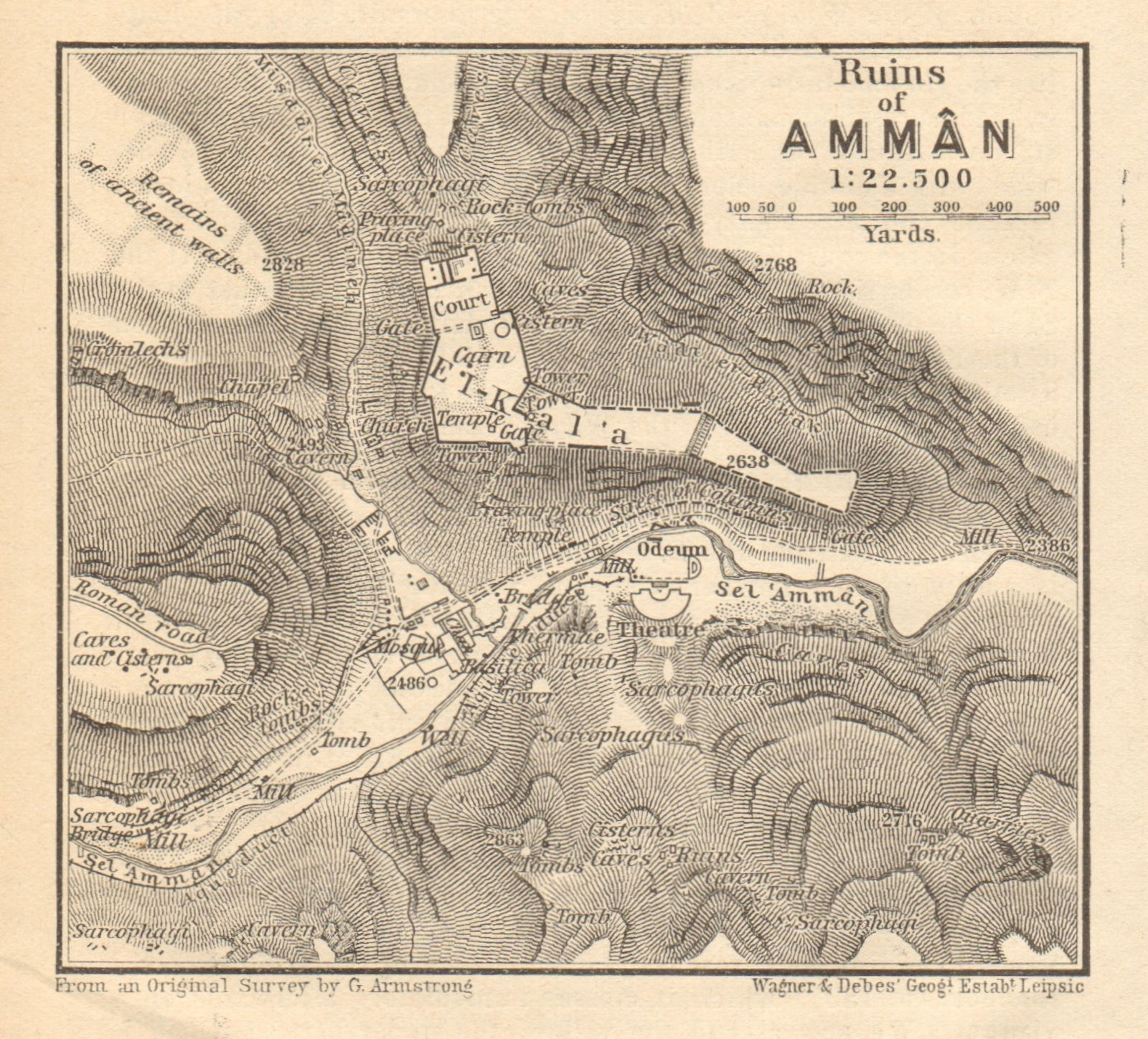 Amman citadel antique town city plan. Jabal al-Qal'a. Jordan. SMALL 1912 map