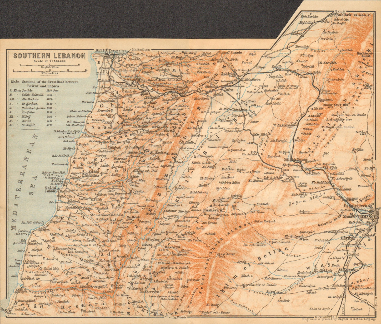 Southern Lebanon & western Syria. Beirut Damascus Sidon Tyre 1912 old map