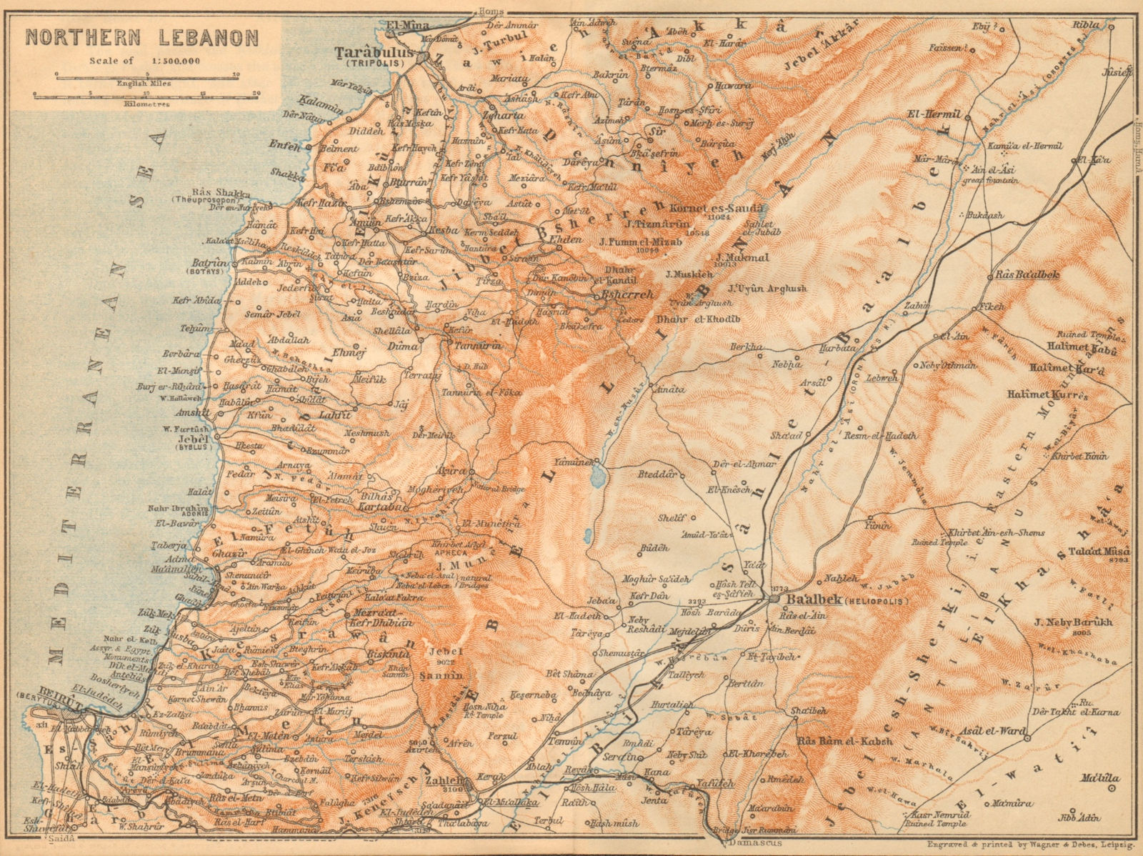 Northern Lebanon. Beirut Baalbek Ba'albek Tripoli 1912 old antique map chart