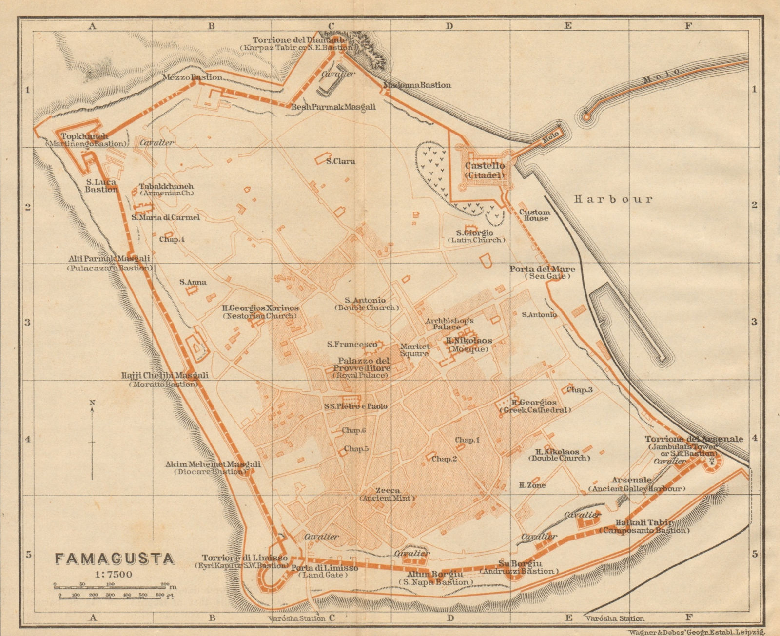 Famagusta /Gazimagusa antique town city plan. Cyprus 1912 old map