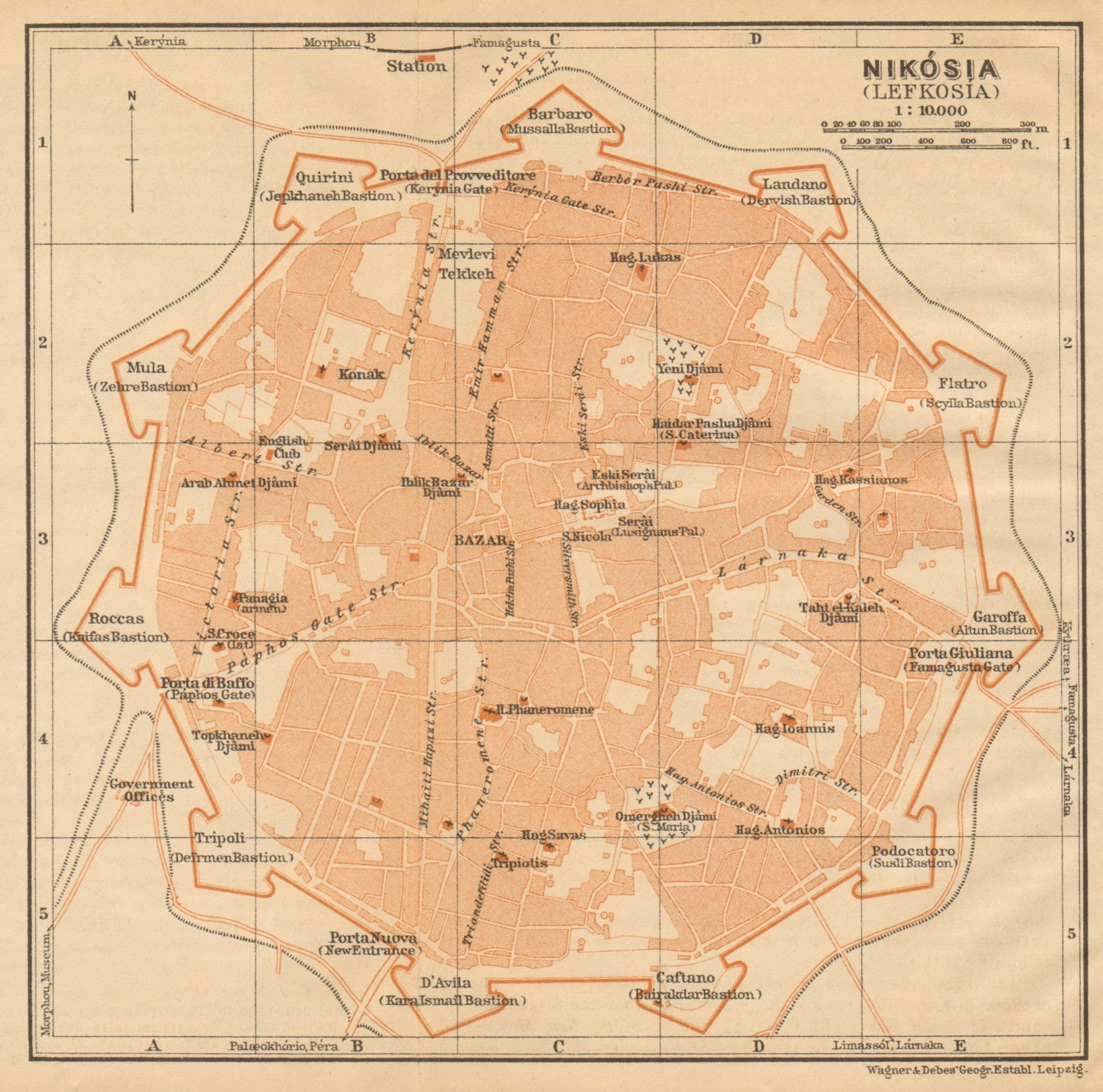 Nicosia antique town city plan. Nikosia. Lefkosia. Cyprus 1912 old map