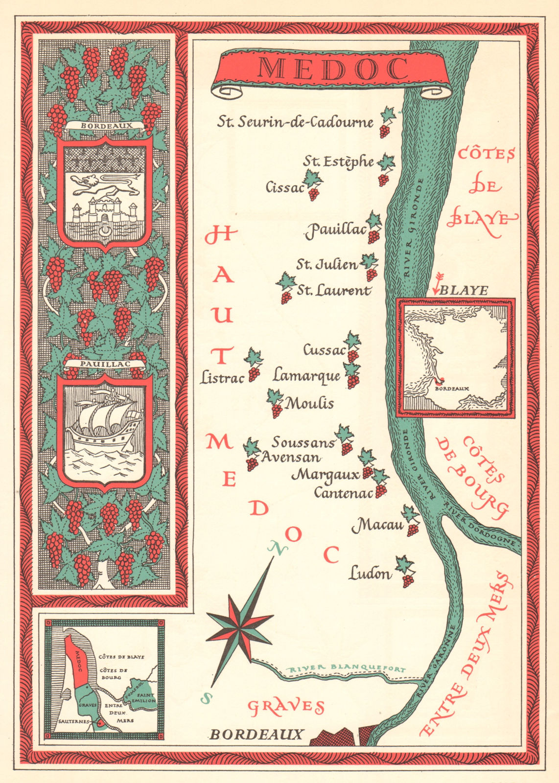 Médoc wine map. Carte vinicole. Bordeaux Gironde 1957 old vintage chart