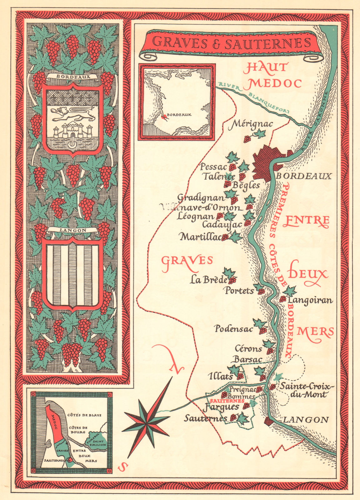 Associate Product Graves and Sauternes wine map. Carte vinicole. Bordeaux Gironde 1957 old