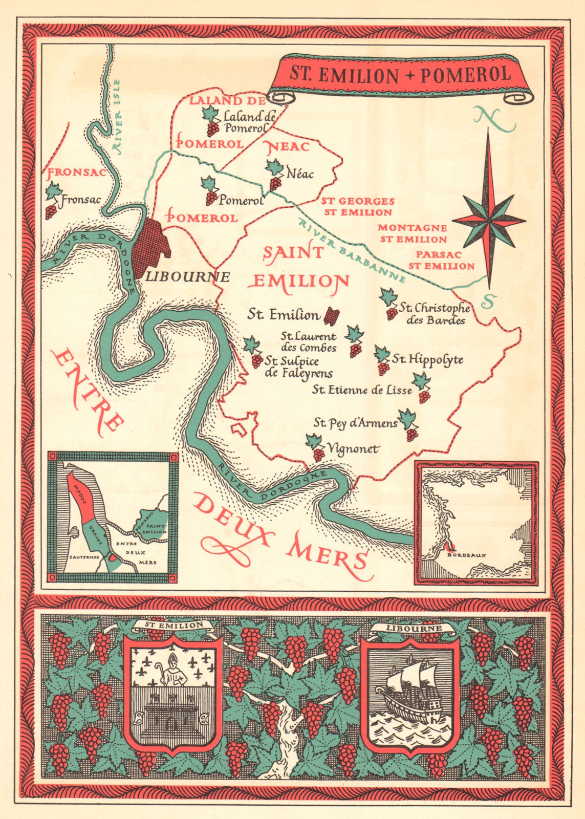 Associate Product St Emilion and Pomerol wine map. Carte vinicole. Bordeaux Gironde 1957 old
