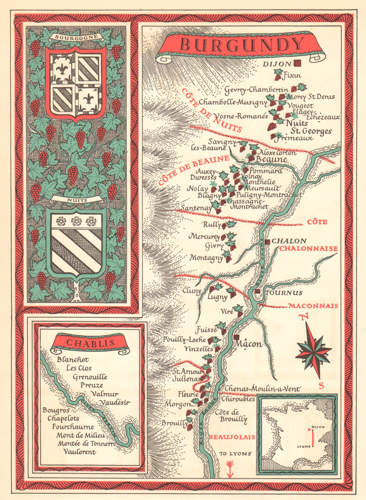 Burgundy Bourgogne wine map. Carte vinicole 1957 old vintage plan chart