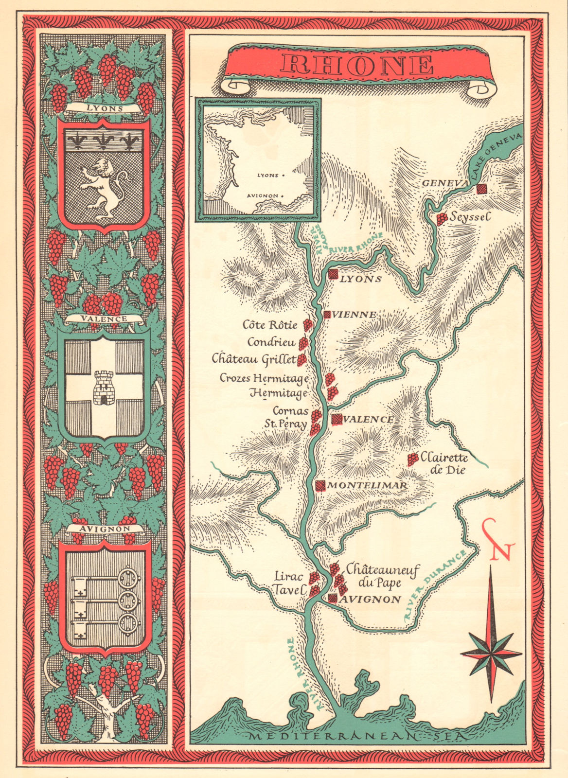 Associate Product Rhône wine map. Carte vinicole 1957 old vintage plan chart