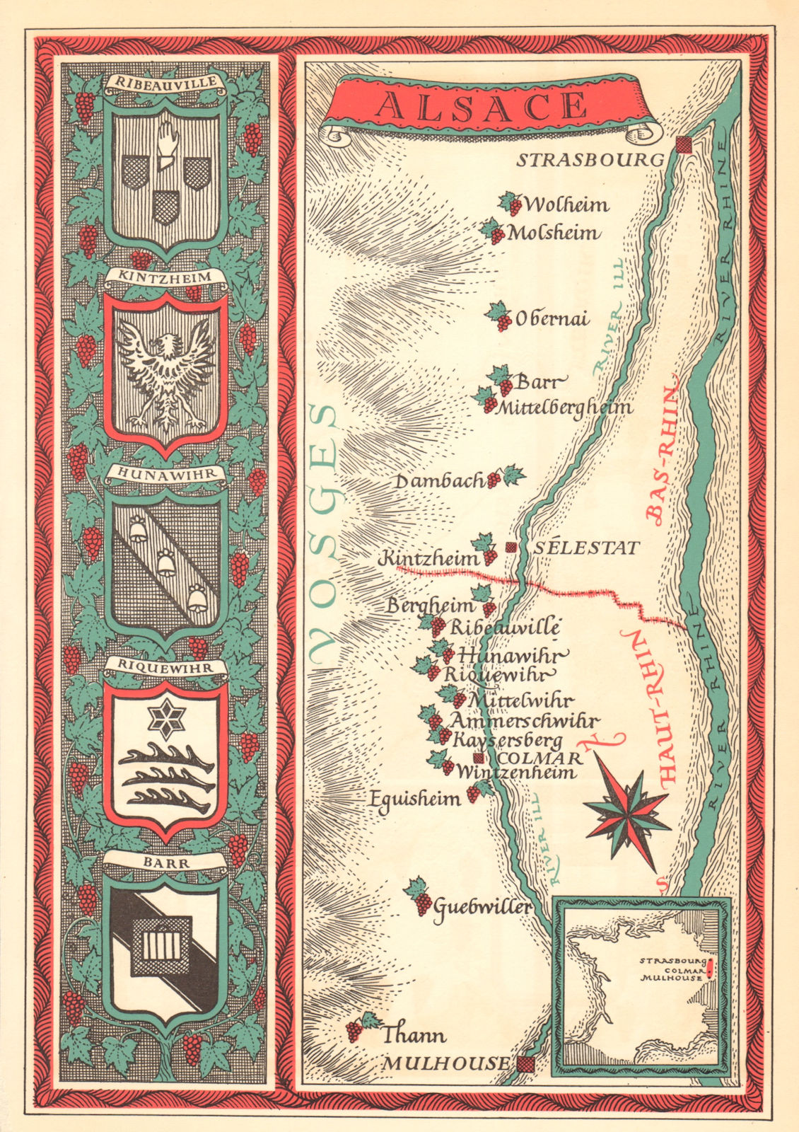 Associate Product Alsace wine map. Carte vinicole. Haut Rhin. Bas Rhin 1957 old vintage