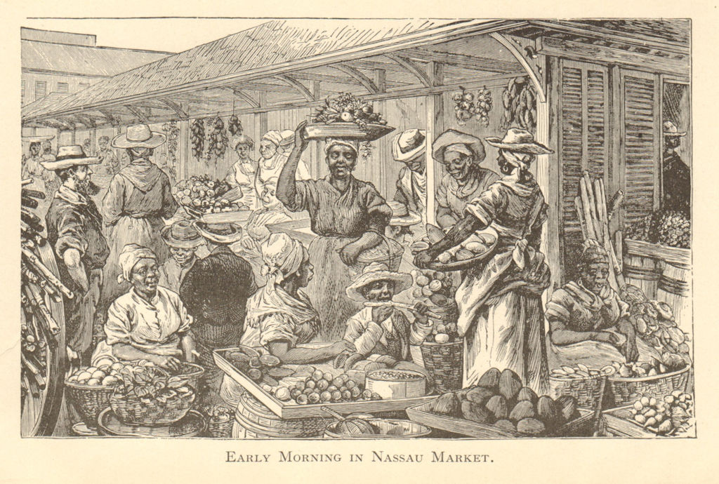 Early Morning in Nassau Market, BAHAMAS 1891 old antique vintage print picture