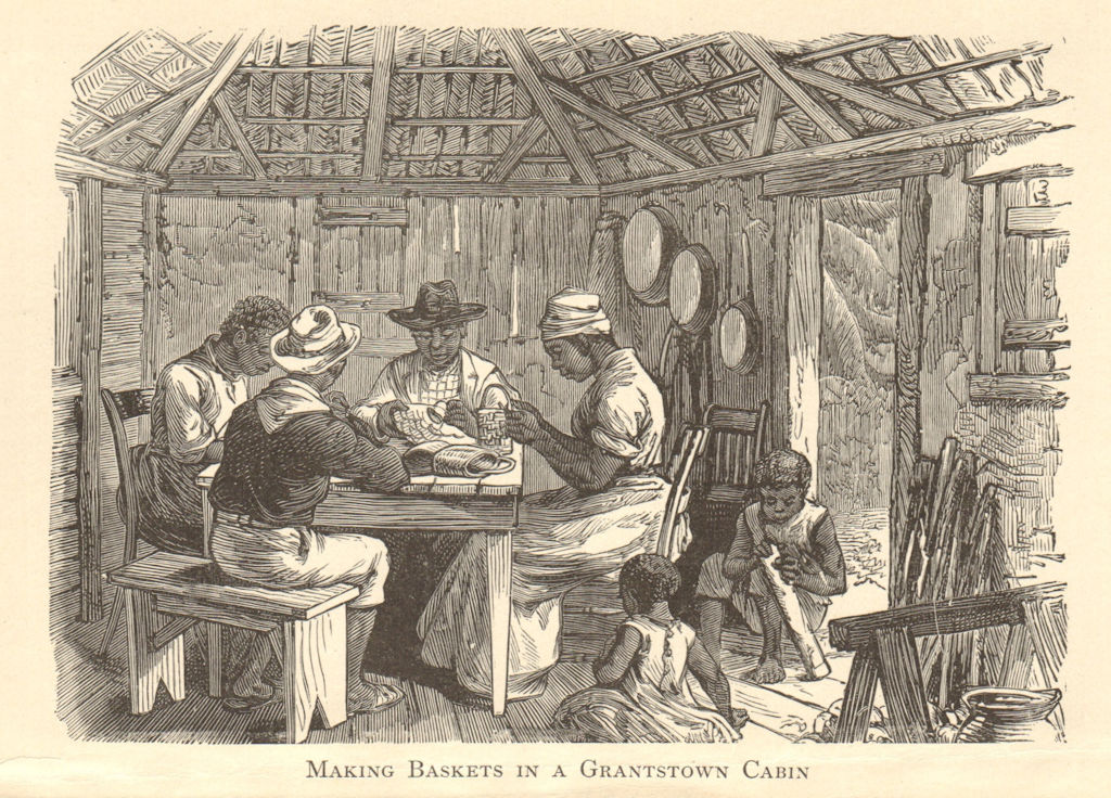 Making Baskets in a Grants Town Cabin, NASSAU, BAHAMAS 1891 old antique print