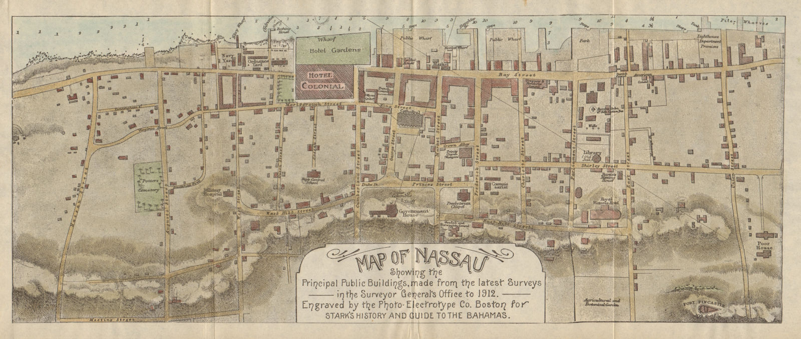 Antique town city plan of NASSAU, BAHAMAS by Stark. Hand-coloured 1891 old map